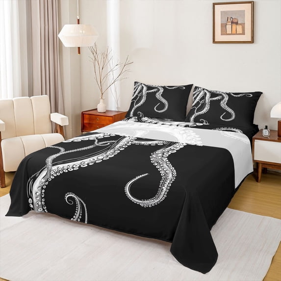 Feelyou Black White Ink Octopus Full Size Sheets for Boys Girls, Retro Ocean Wildlife Bed Sheets, Black Grey, 4 Pieces