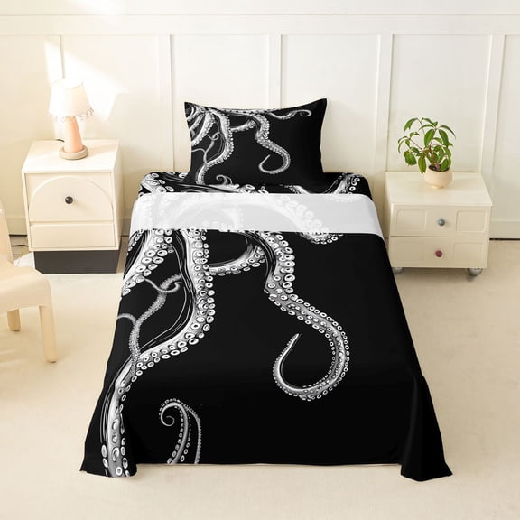 Feelyou Black White Ink Octopus Twin Sheet Sets for Boys Girls, Retro Ocean Wildlife Bedding, Black Grey, 3 Pieces