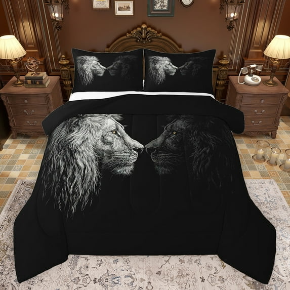 Feelyou Black White Lion Bedding Comforter Set for Adult, Valentines Day Twin Comforter Sets, Couple Animal Theme Reversible Bedding Set, Luxury Bedroom Decor, 2-Piece