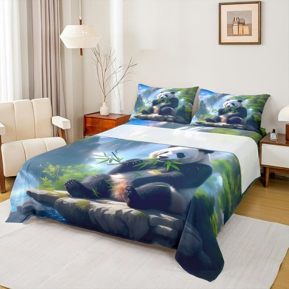 Feelyou Black White Panda Queen Sheet Sets for Teens, Kawaii Jungle Wildlife Flat Sheet, Kawaii Animal Queen Fitted Sheet, Ultra Soft Bedroom Decor, 4 Pieces