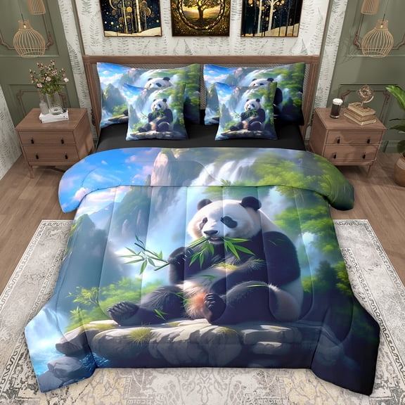 Feelyou Black White Panda Twin Bedding Sets 7-Piece for Teens, Kawaii Jungle Wildlife Bedding Comforter Set, Kawaii Animal Reversible Sheet Sets, Ultra Soft Bedroom Decor