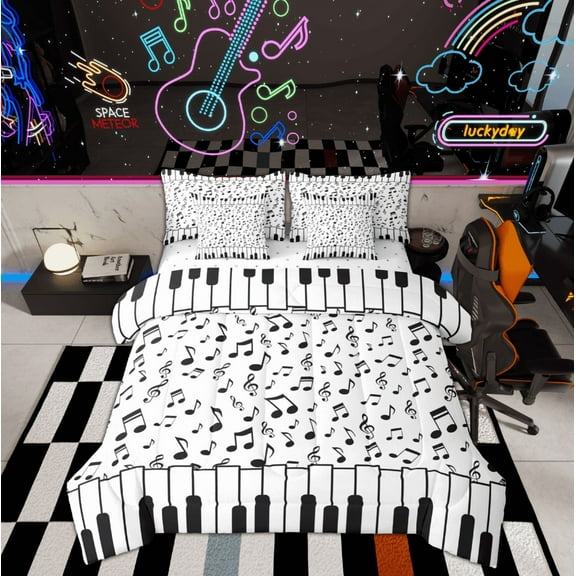 Feelyou Black White Piano Bedding Comforter Set 7pcs, Melody Musical Note King Bedding Sets, Pop Disco Music Reversible Bed Sheets, Luxury Bedroom Decor