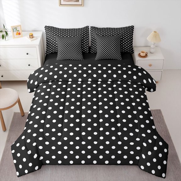Feelyou Black White Polkados Comforter Set 7pcs, Fashion Abstract King Bedding Sets