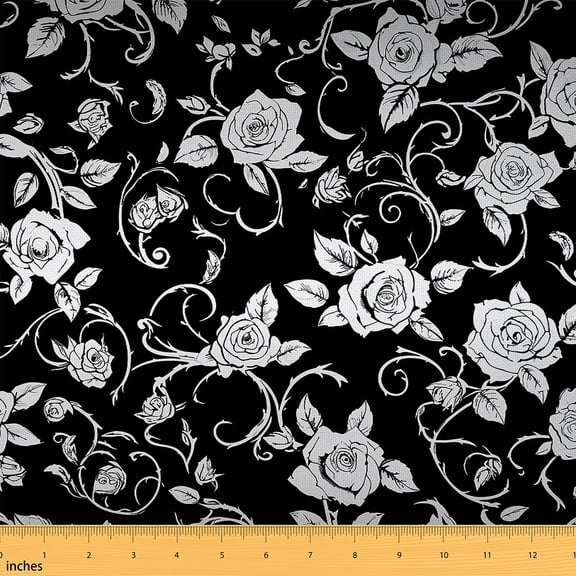 Feelyou Black White Rose Fabric by the Yard 2 Yards for Kid, Romantic Floral Sewing Fabric, Vintage Boho Southwestern Home Decor Fabric by the Yard, Lightweight Room Decor