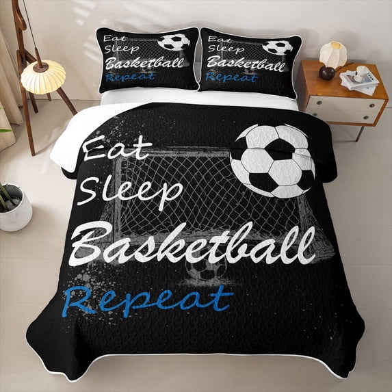 Feelyou Black White Sport Soccer Quilt Full for Boys, Eat Sleep Repeat Quote Full Bedspread Sets, 3pcs