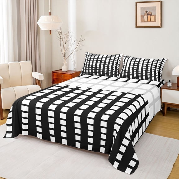 Feelyou Black White Square Twin Sheet Sets for Teen, Futuristic Abstract Ombre Twin Fitted Sheet, Chic Buffalo Flat Sheet, Breathable Home Decor, 3-Piece