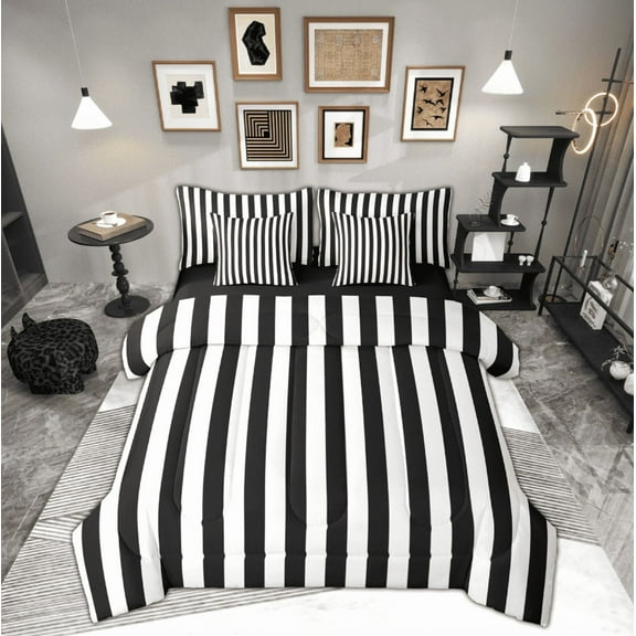 Feelyou Black White Striped Bedding Comforter Set 7pcs for Kids, Abstract Ombre Queen Bedding Sets, Modern Fashion Reversible Queen Sheet Sets, Breathable Home Decor