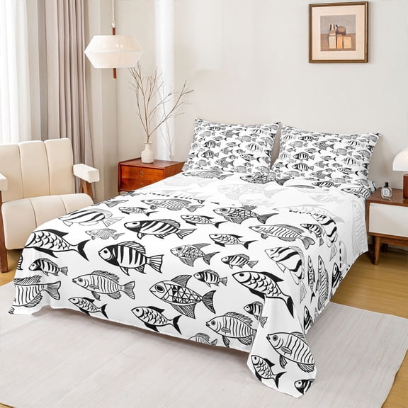 Feelyou Black White Striped Cartoon Fish Full Size Sheets for Kids Boys Girls, Cute Line Art Wildlife Bed Sheets, 4 Pieces
