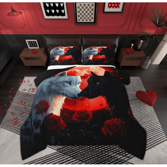 Feelyou Black White Wolf Bedding Comforter Set for Couple, Romantic Red Rose Twin Comforter Sets, Happy Valentines Animal Reversible Bedding Set, Breathable Home Decor, 2-Piece
