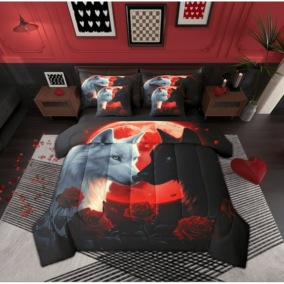 Feelyou Black White Wolf Twin Bedding Sets 7-Piece for Couple, Romantic Red Rose Bedding Comforter Set, Happy Valentines Animal Reversible Sheet Sets, Breathable Home Decor