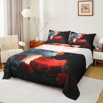 Feelyou Black White Wolf Twin Sheet Sets for Couple, Romantic Red Rose Twin Fitted Sheet, Happy Valentines Animal Flat Sheet, Breathable Home Decor, 3-Piece