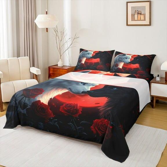 Feelyou Black White Wolf Twin Sheet Sets for Couple, Romantic Red Rose Twin Fitted Sheet, Happy Valentines Animal Flat Sheet, Breathable Home Decor, 3-Piece