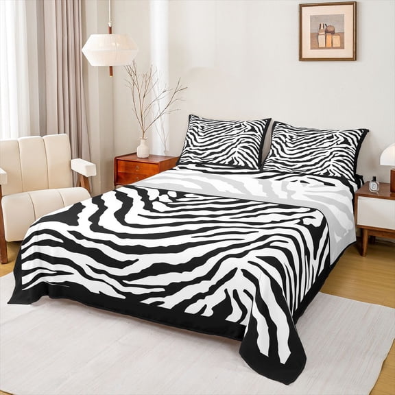 Feelyou Black White Zebra Print Bed Sheets for Kids, Modern Fashion Stripes King Sheets, Cartoon Wildlife Sheet Set, Breathable Home Decor, 4 Pieces