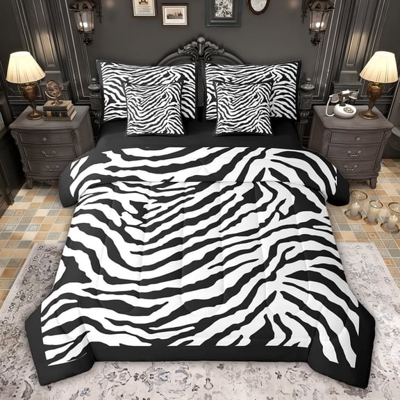 Feelyou Black White Zebra Print Twin Bedding Sets 7-Piece for Kids, Modern Fashion Stripes Bedding Comforter Set, Cartoon Wildlife Reversible Sheet Sets, Breathable Home Decor