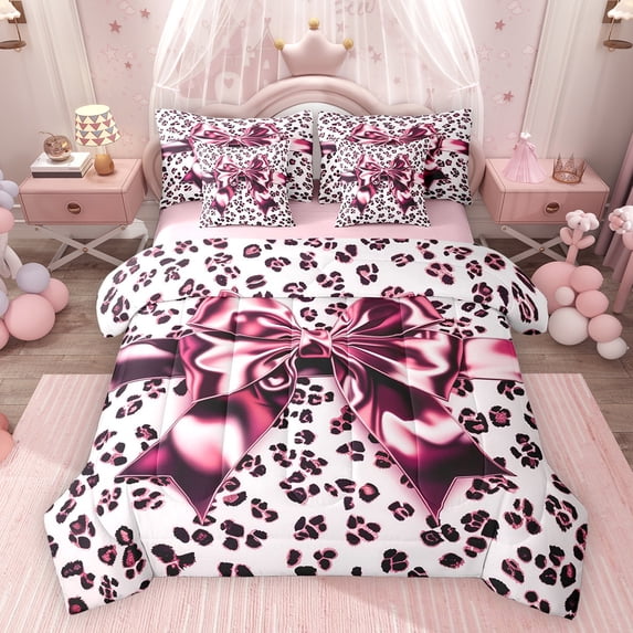 Feelyou Bling Bow-tie Comforter Set 7pcs, Pink Fashion Leopard Print Full Bedding Set