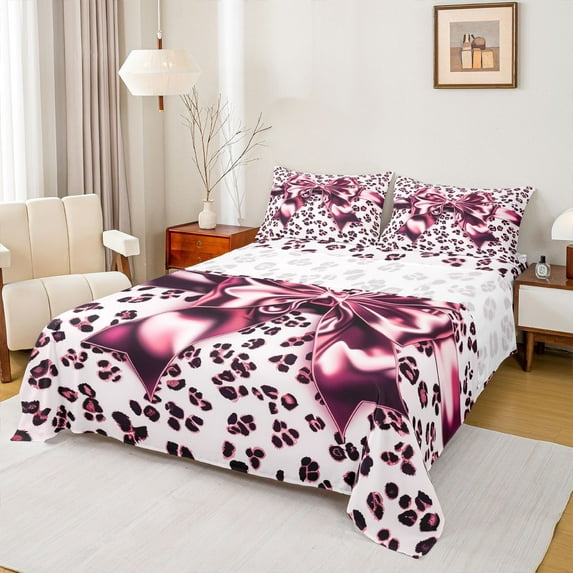 Feelyou Bling Bow-tie Queen Sheet Sets, Pink Fashion Leopard Print Bed Set, 4 Pieces