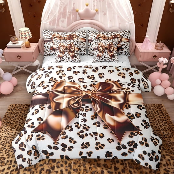 Feelyou Bling Fashion Bow-tie Comforter Set 7pcs, Brown Cheetah Print King Bedding Sets