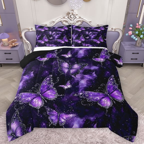 Feelyou Bling Purple Butterfly Bedding Comforter Set, Psychedelic Stars Cloud Twin Comforter Sets, Modern Fashion Style Reversible Bedding Set, Lightweight Room Decor, 2 Pieces