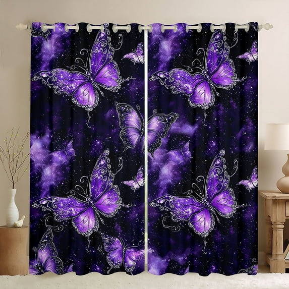 Feelyou Bling Purple Butterfly Curtains Pack of 2 (42x84 Each), Psychedelic Stars Cloud Curtains Blackout, Modern Fashion Style Bedroom Curtains, Blackout Curtains Room Decor