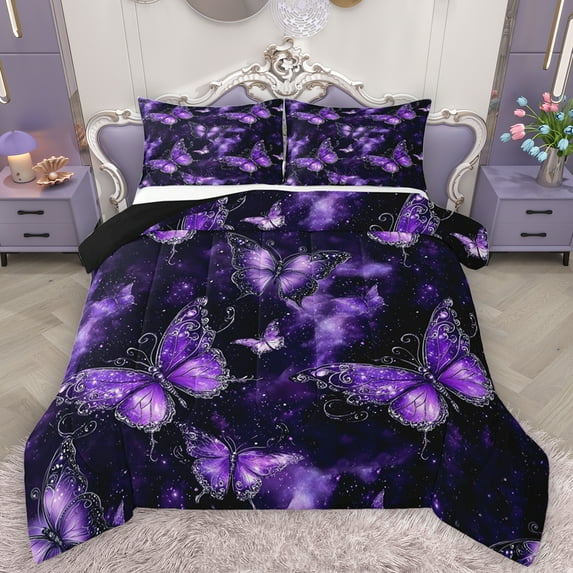 Feelyou Bling Purple Butterfly Full Size Comforter Sets, Psychedelic Stars Cloud Bedding Comforter Set, Modern Fashion Style Reversible Bedding Sets, Lightweight Room Decor, 3 Pieces