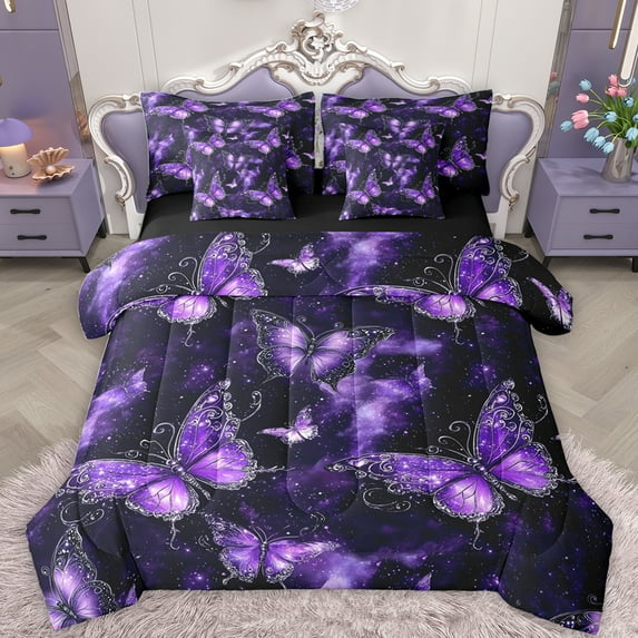 Feelyou Bling Purple Butterfly Twin Bedding Sets 7-Piece, Psychedelic Stars Cloud Bedding Comforter Set, Modern Fashion Style Reversible Sheet Sets, Lightweight Room Decor