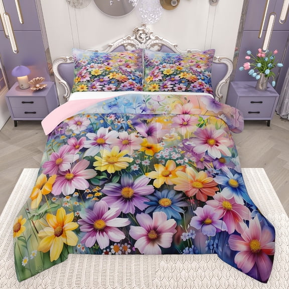 Feelyou Blooming Groovy Flower Bedding Comforter Set, Rustic Daisy Floral Plant Twin Comforter Sets, Modern Artwork Reversible Bedding Set, Lightweight Room Decor, 2 Pieces