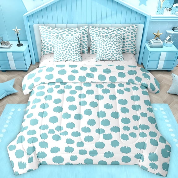 Feelyou Blue Abstract Ombre Bedding Comforter Set 7pcs for Teen, Cycle Polkadots King Bedding Sets, Modern Fashion Style Reversible Bed Sheets, Breathable Home Decor