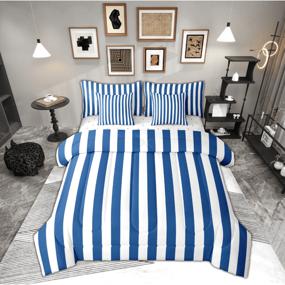 Feelyou Blue Abstract Teens Bedding Comforter Set 7pcs, Modern Geometric Lines King Bedding Sets, Farmhouse Ticking Stripes Reversible Bed Sheets, Luxury Bedroom Decor, 3pcs