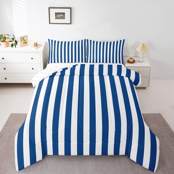 Feelyou Blue Abstract Teens Bedding Comforter Set, Modern Geometric Lines Twin Comforter Sets, Farmhouse Ticking Stripes Reversible Bedding Set, Luxury Bedroom Decor, 2pcs