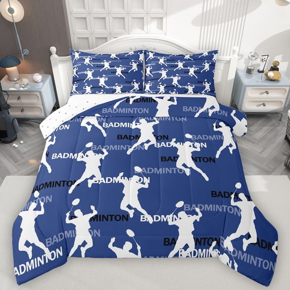 Feelyou Blue Badminton Print Bedding Comforter Set for Kid, Cartoon Ball Game Lover Twin Comforter Sets, Eat Sleep Sport Reversible Bedding Set, Luxury Bedroom Decor, 2pcs