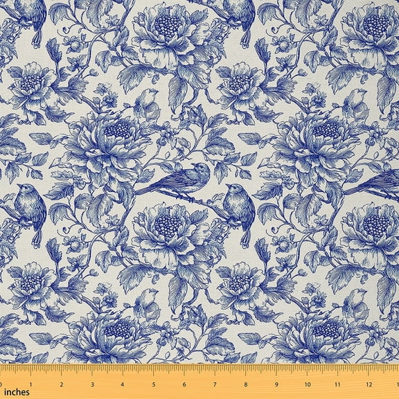 Feelyou Blue Bird Child Fabric by the Yard 10 Yards, Vintage Floral Flower Home Decor Fabric by the Yard, Spring Garden Sewing Fabric, Ultra Soft Home Decor