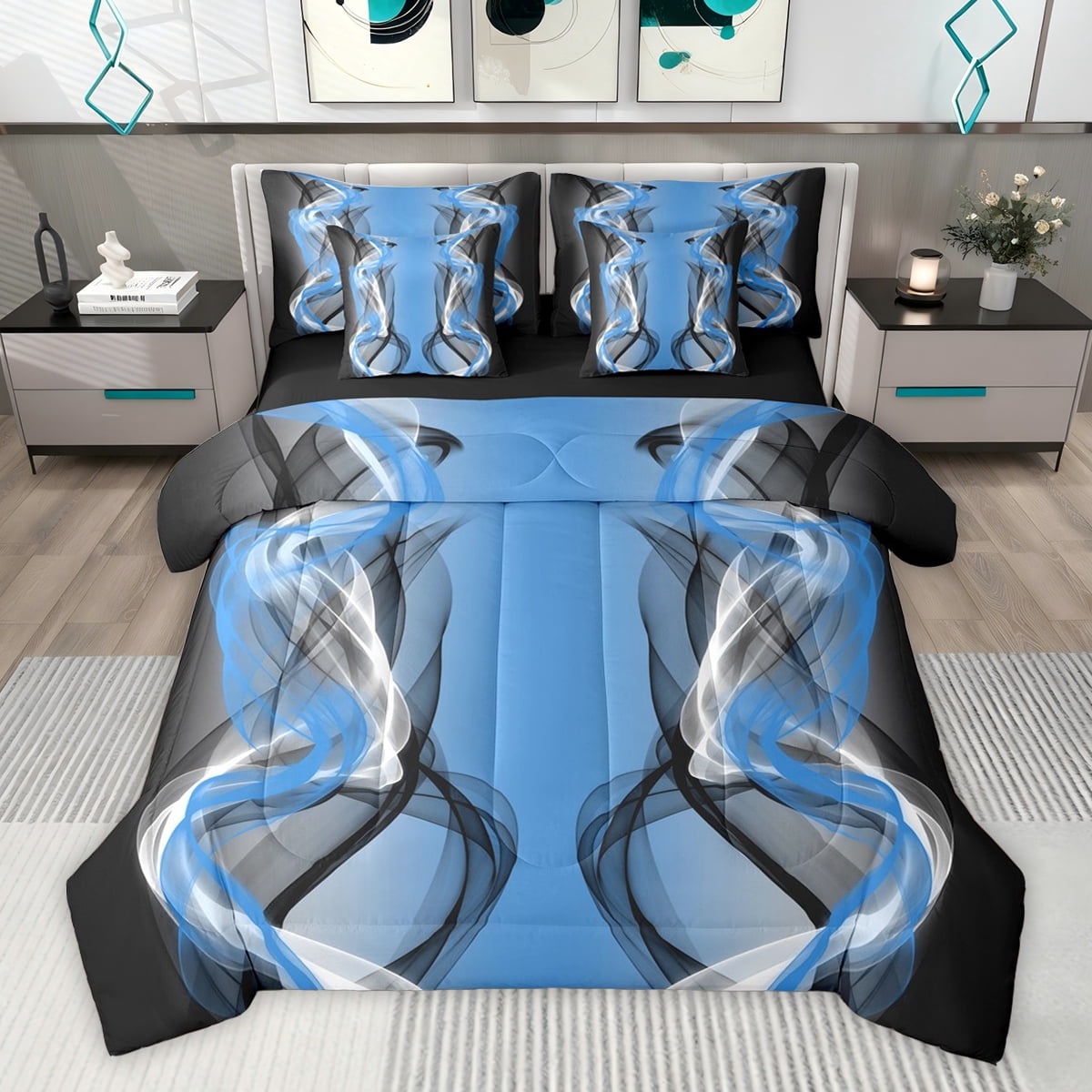 Feelyou Blue Black Striped Bedding Comforter Set 7pcs, Boho Abstract ...