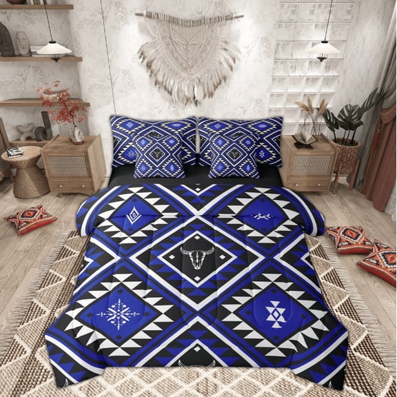 Feelyou Blue Boho Aztec Twin Bedding Sets 7-Piece, Mandala Geometric Bedding Comforter Set, Vintage Western Fashion Reversible Sheet Sets, Super Cozy Room Decor