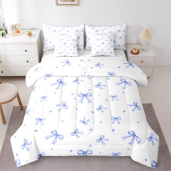 Feelyou Blue Bow-tie Child Bedding Comforter Set 7pcs, Kawaii Princess Bowknot Queen Bedding Sets, Fairy Tale Style Reversible Queen Sheet Sets, Super Cozy Room Decor