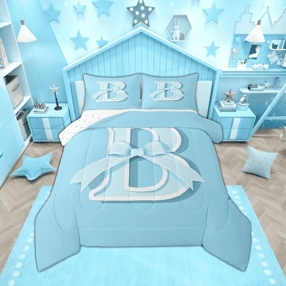 Feelyou Blue Bowknot Bedding Sets Twin with Comforter, Initial Letter B Duvet Insert, Cartoon Monogrammed Reversible Down Comforter, Breathable Bedroom Decorative, 2pcs