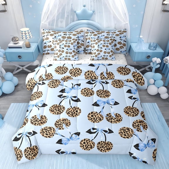 Feelyou Blue Bowknot Cherry Twin Bedding Sets 7pcs, Leopard Cheetah Print Comforter Set