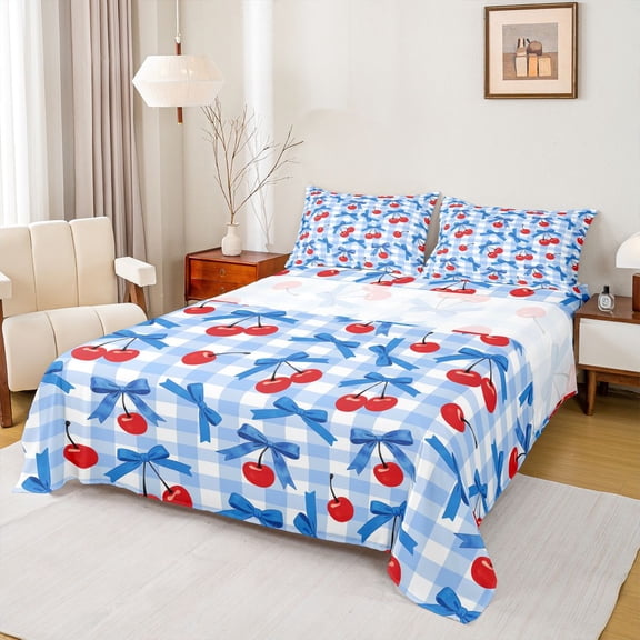 Feelyou Blue Bowknot Cherry Twin Sheet Sets, Fairy Princess Style Bedding, 3-Piece