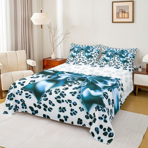 Feelyou Blue Bowknot Kid Full Size Sheets, Leopard Cheetah Print Bed Sheets, 4pcs
