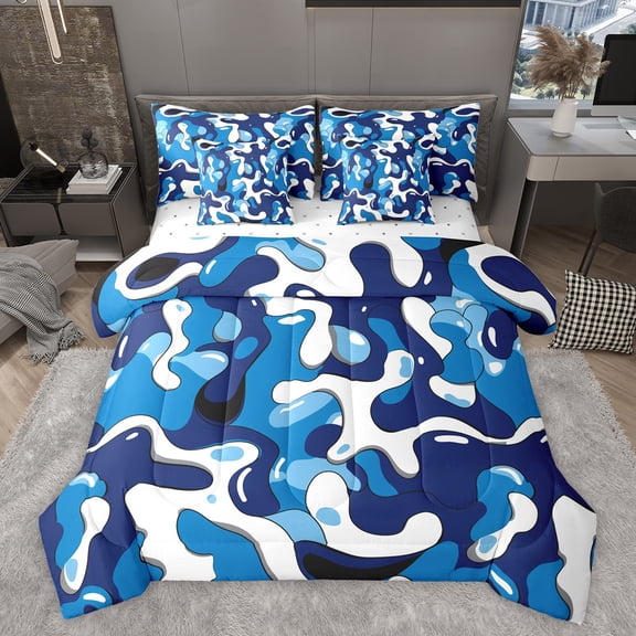Feelyou Blue Camo Abstarct Bedding Comforter Set 7pcs for Teens, Chic Camouflage King Bedding Sets, Cartoon Pixelate Miner Reversible Bed Sheets, Lightweight Room Decor