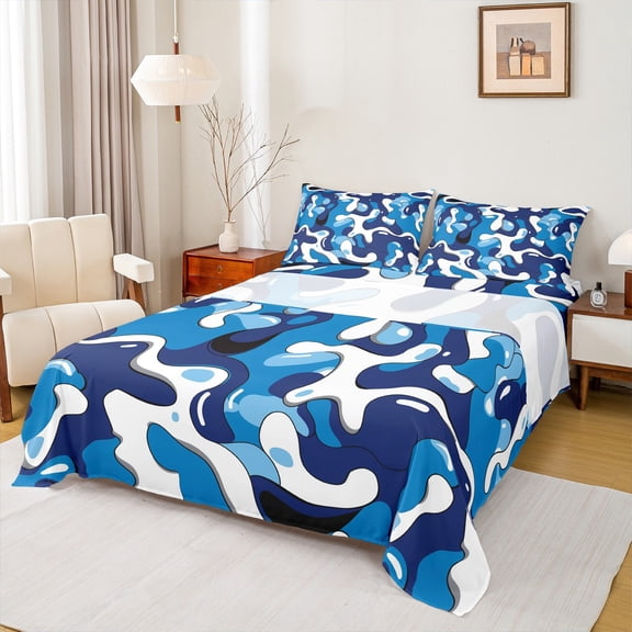 Feelyou Blue Camo Abstarct Twin Sheet Sets for Teens, Chic Camouflage Twin Fitted Sheet, Cartoon Pixelate Miner Flat Sheet, Lightweight Room Decor, 3pcs