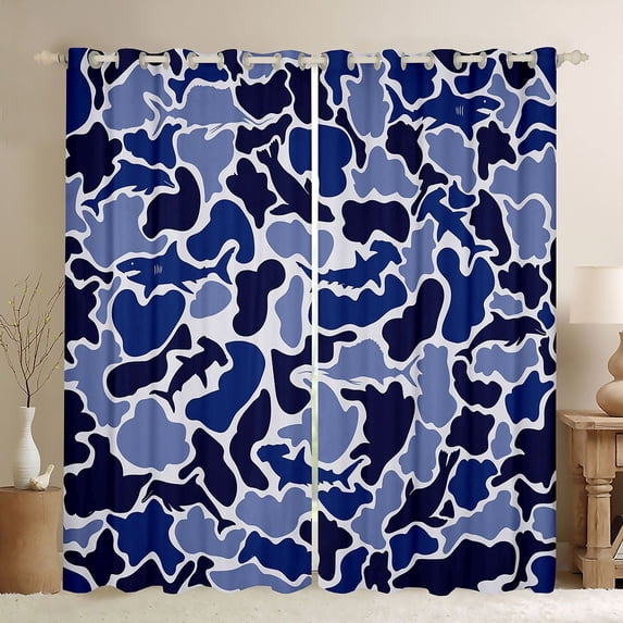 Feelyou Blue Camo Ocean Marine Life Silhouette Curtains Pack of 2 (42x84 Each) for Boys Girls, Dolphin Shark Seal Curtains Blackout, Navy