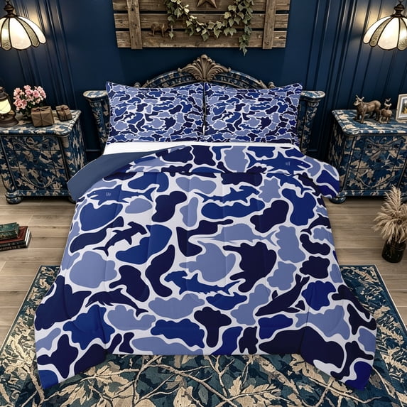 Feelyou Blue Camo Ocean Marine Life Silhouette Queen Comforter Set for Boys Girls, Dolphin Shark Seal Bedding Comforter Set, Navy, Blue Reversible, 3 Pieces