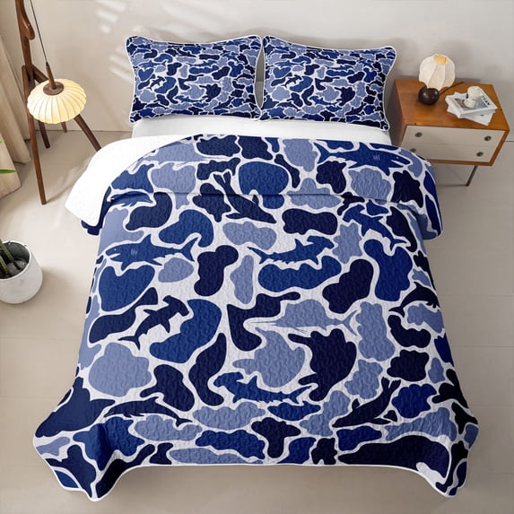 Feelyou Blue Camo Ocean Marine Life Silhouette Quilt King for Boys Girls, Dolphin Shark Seal King Coverlet Set, Navy, 3 Pieces