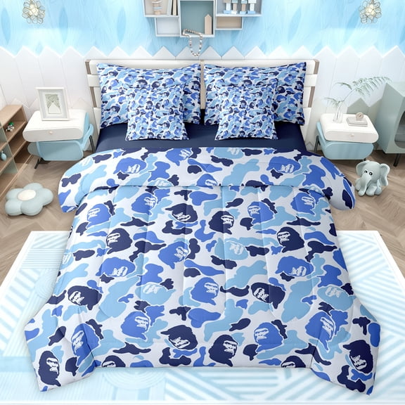 Feelyou Blue Camouflage Camo Bedding Comforter Set 7pcs, Jungle Gorilla Wildlife King Bedding Sets, Rustic Farmhouse Reversible Bed Sheets, Microfiber Bedroom Decor