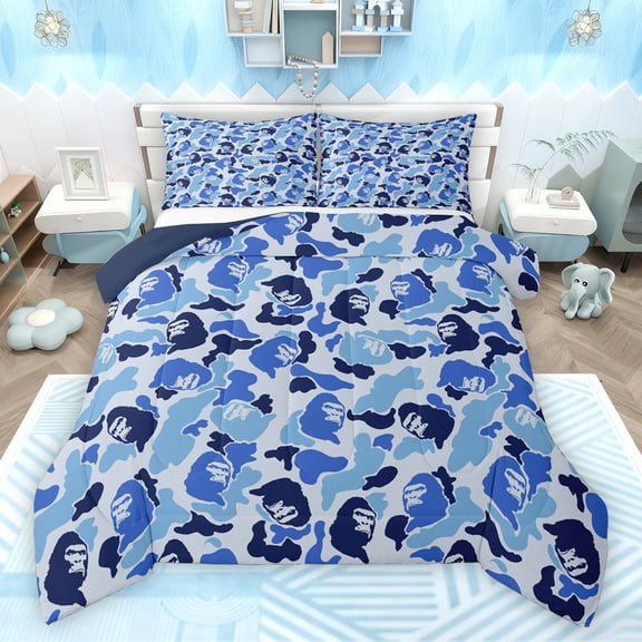 Feelyou Blue Camouflage Camo Full Size Comforter Sets, Jungle Gorilla Wildlife Bedding Comforter Set, Rustic Farmhouse Reversible Bedding Sets, Microfiber Bedroom Decor, 3-Piece