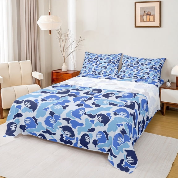 Feelyou Blue Camouflage Camo Twin Sheet Sets, Jungle Gorilla Wildlife Twin Fitted Sheet, Rustic Farmhouse Flat Sheet, Microfiber Bedroom Decor, 3-Piece