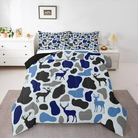 Feelyou Blue Camouflage Teens Full Size Comforter Sets, Wildlife Moose Bedding Sets, 3pcs