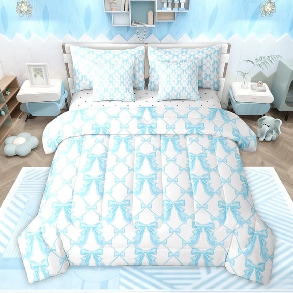 Feelyou Blue Cartoon Bow Twin Bedding Sets 7-Piece for Kids, Cute Ribbon Bowknot Bedding Comforter Set, Fairy Tale Princess Reversible Sheet Sets, Microfiber Bedroom Decor