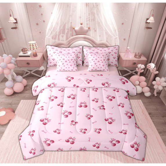 Feelyou Blue Cartoon Cherry Bedding Comforter Set 7pcs, Kawaii Ribbon Bowknot Queen Bedding Sets, Princess Bow-tie Theme Reversible Queen Sheet Sets, Super Cozy Room Decor