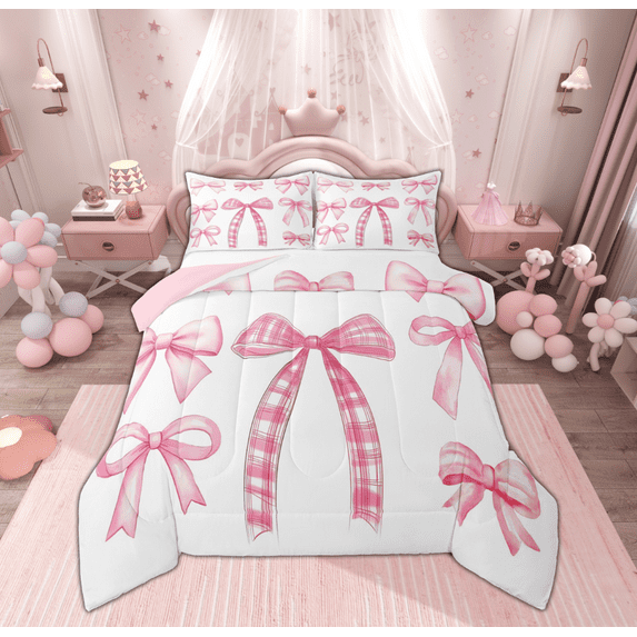 Feelyou Blue Cartoon Cherry Full Size Comforter Sets, Kawaii Ribbon Bowknot Bedding Comforter Set, Princess Bow-tie Theme Reversible Bedding Sets, Microfiber Bedroom Decor, 3 Pieces